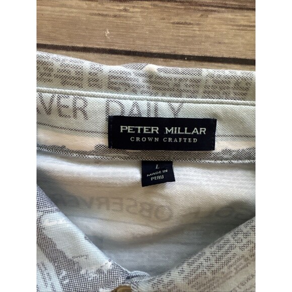 NEW Peter Millar Crown Sport Men's Blue Golf Newspaper Print Ace Polo Shirt L - Picture 4 of 9